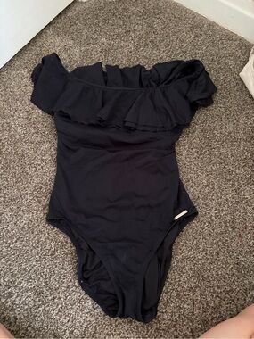 Michael Kors Black One-Shoulder Ruffle One-Piece Swimsuit